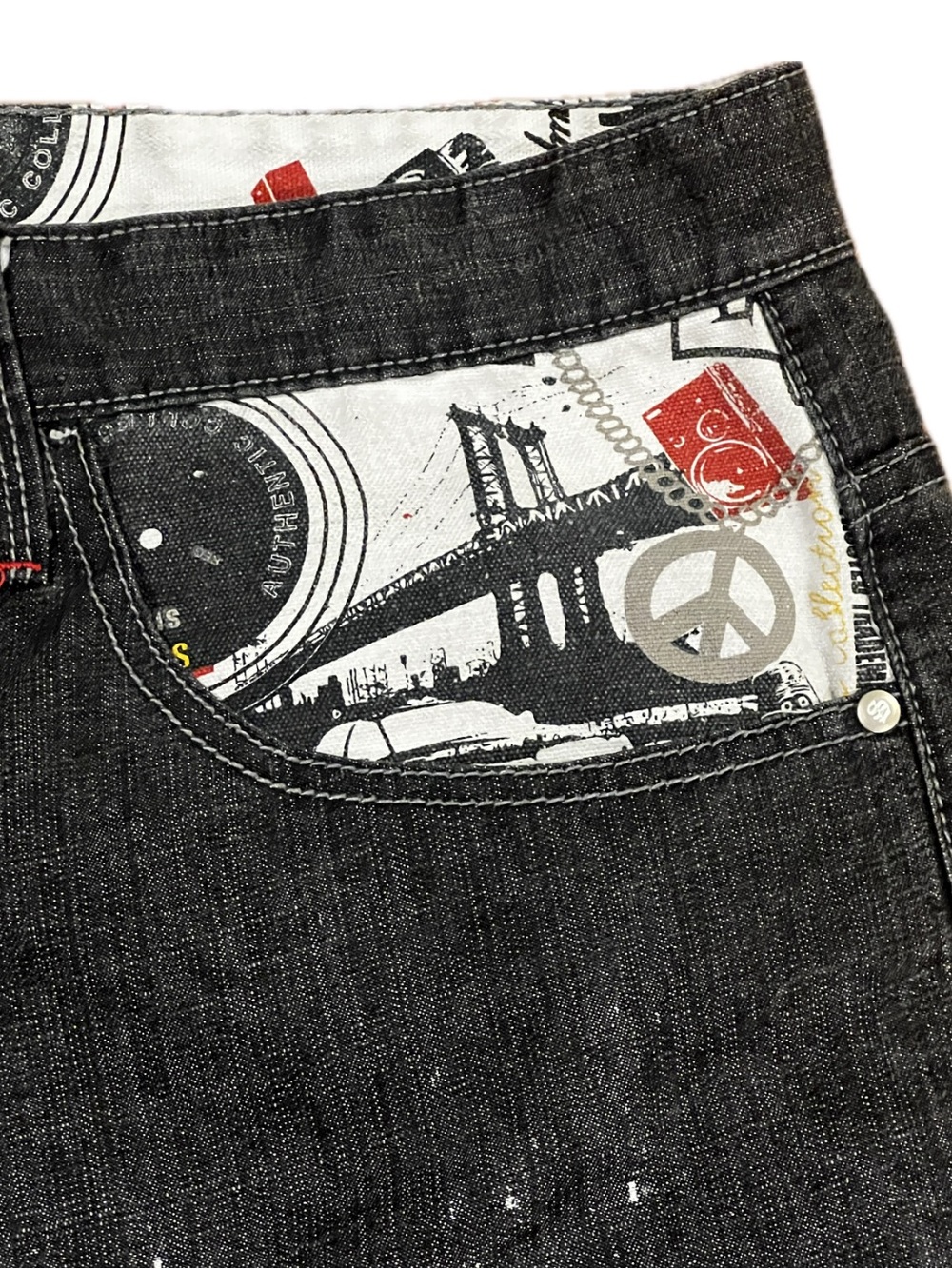 Vintage Southpole Baggy Black Denim Jorts Contrast Graffiti Patchwork Y2K Sz 52 - Picture 6 of 11